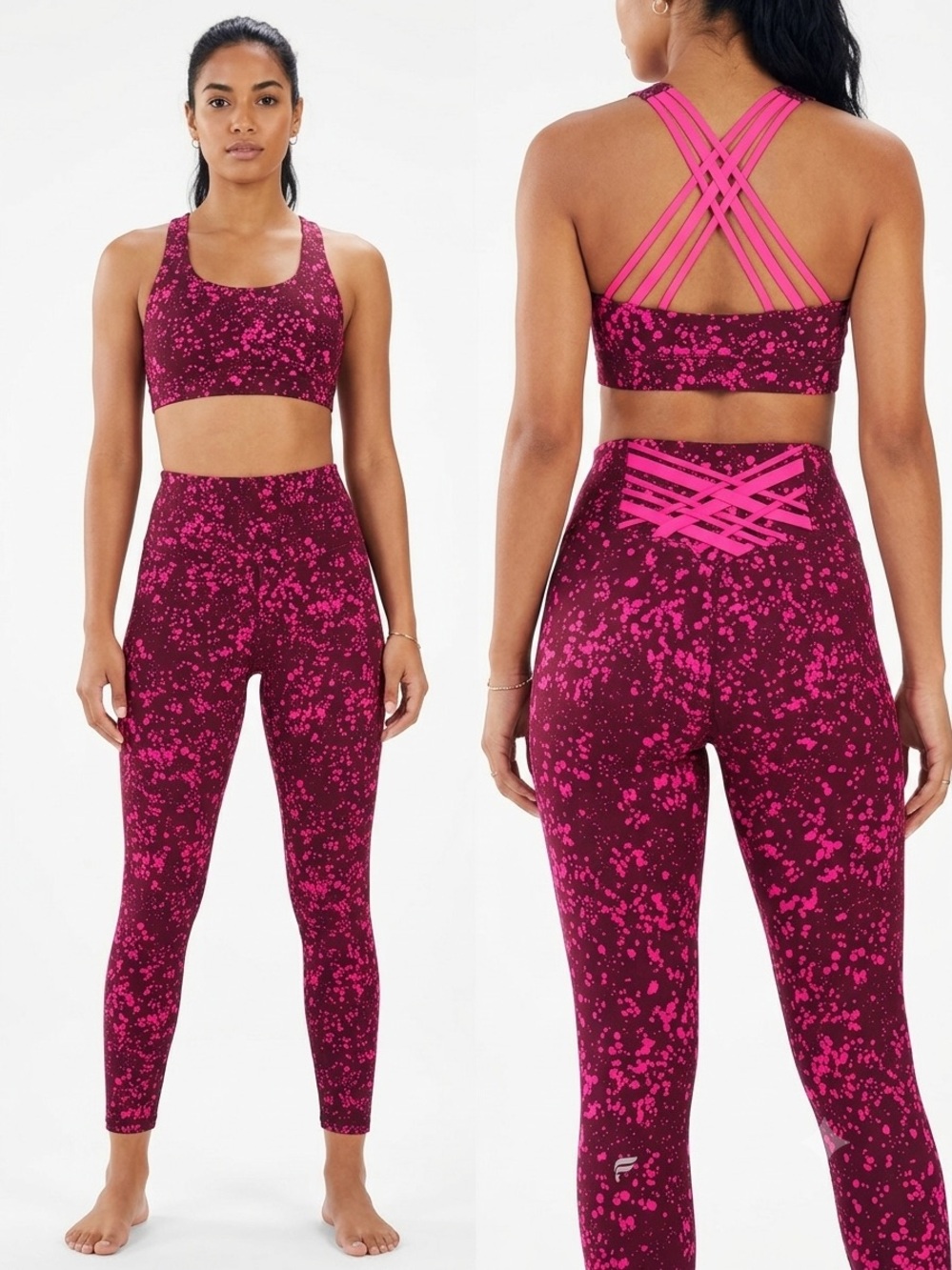 Fabletics PowerHold High-Waisted Lattice Leggings Small Neon Pink Splatter